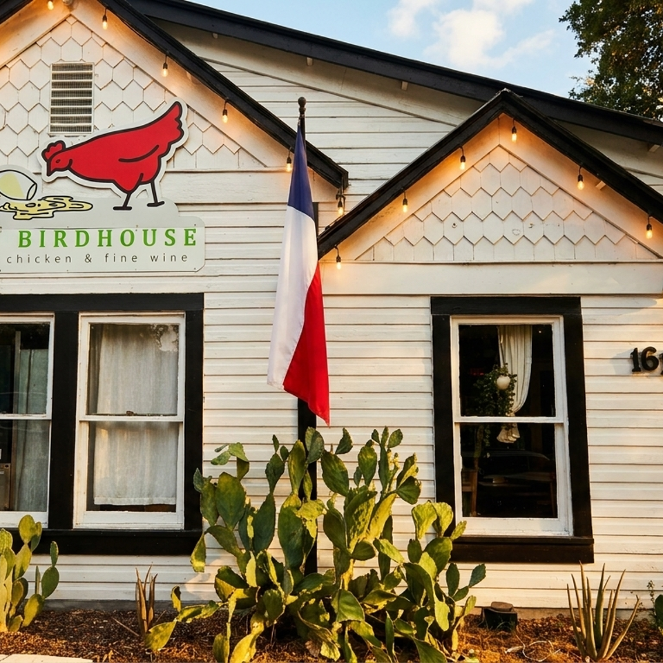 The Birdhouse restaurant exterior, a white building with black trim, a French flag, and cacti.