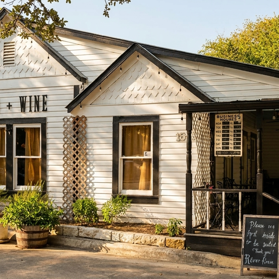 White restaurant building with black trim, a porch, and "FOOD + WINE" sign.